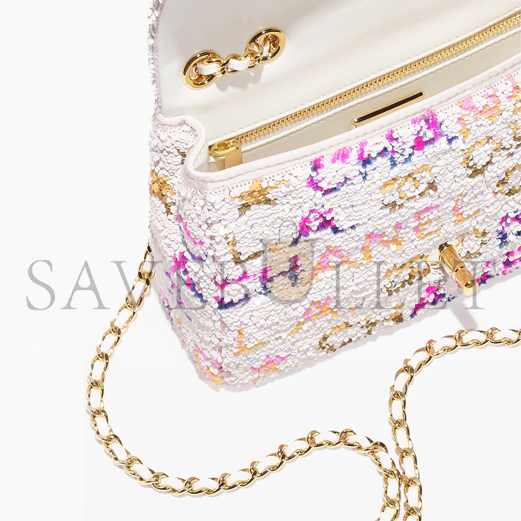 CHANEL MASTER SEQUIN LOGO CC SMALL SINGLE FLAP WHITE MULTICOLOR (20*13*6cm)